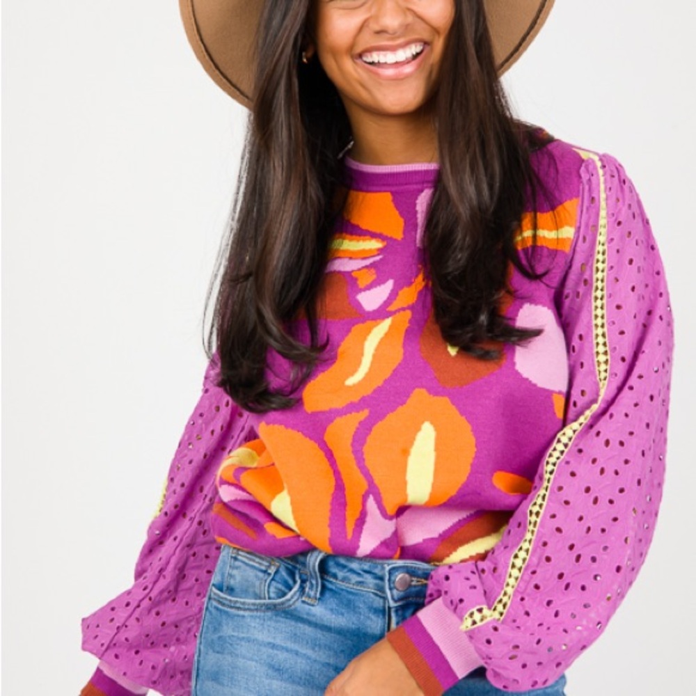 NWT Fate Barbiecore Lace Eyelet Sleeves Abstract Pink & Orange Sweater - Medium - Picture 2 of 16